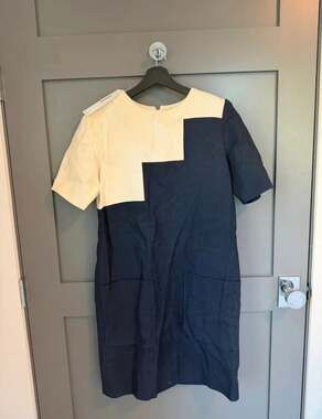 COS Navy and Cream Colorblock Linen Pocket Shift Dress